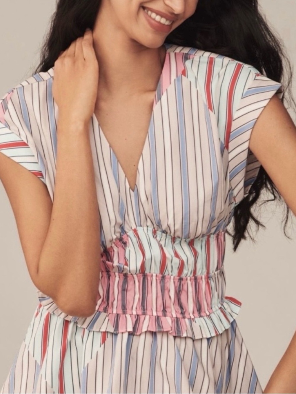 Anthropologie Vneck Striped Stretch Mini Dress Beach Travel College Womens Small - Picture 3 of 16